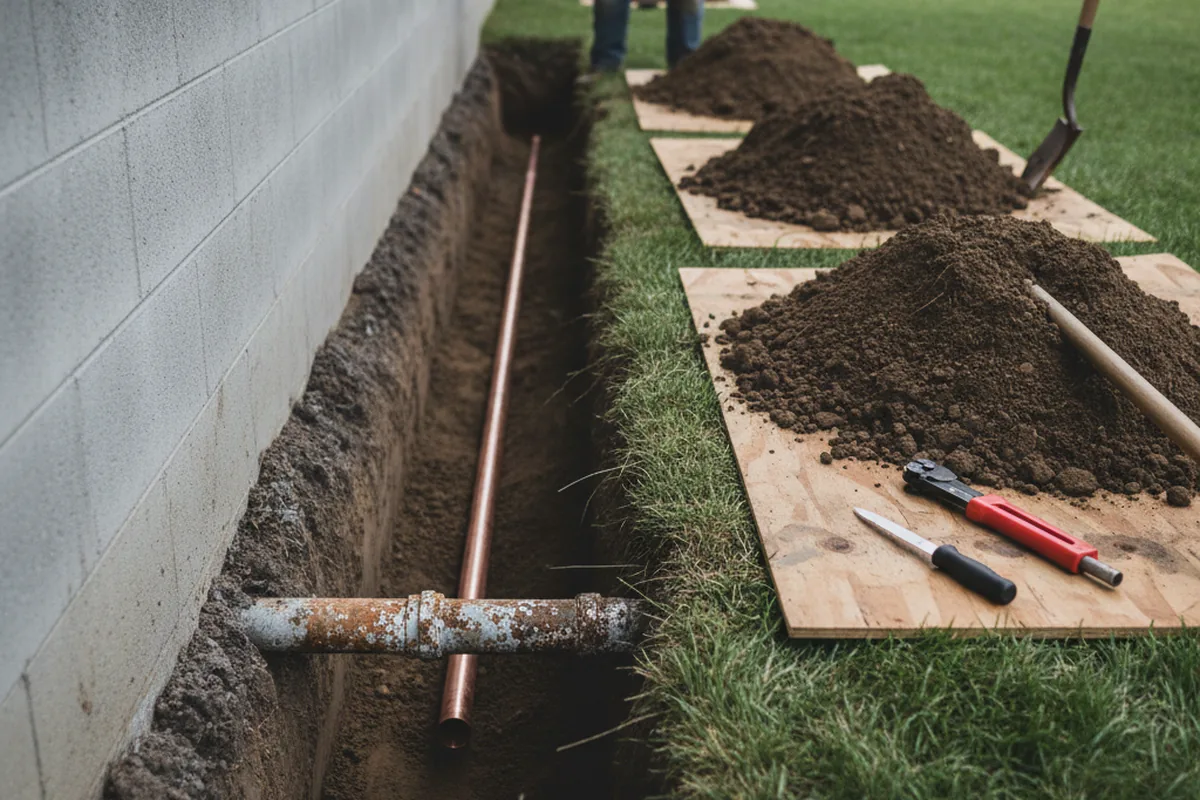 Excavated water line trench during Water Softener Installation in Bellvue